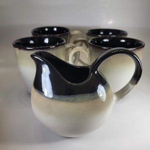 4 Sango Nova Black 4932 Coffee Mugs and Creamer Container Tall Cups Cream Color